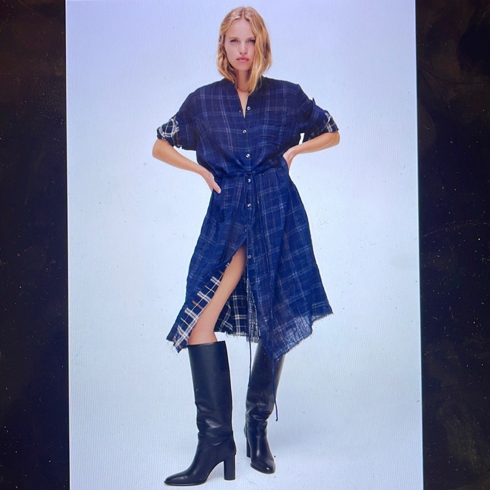 Zara Blue Reverse Plaid Oversized Full Cut Midi Dress
